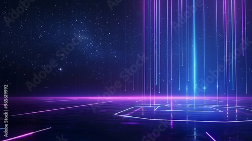 Abstract futuristic background with vibrant neon lights and cosmic elements creating a sense of depth and motion. Stage for product presentation.