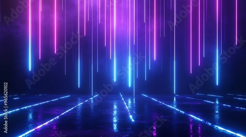 Abstract neon lights create a stunning visual impact, illuminating the dark space with vibrant pink and blue hues. Stage for product presentation.
