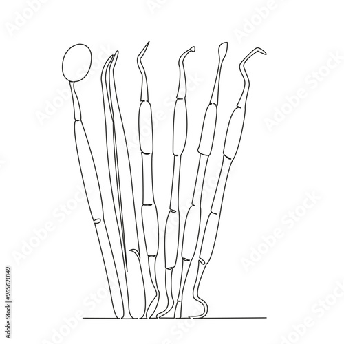 One continuous single drawing line art flat doodle tool, hygiene, dentistry, instrument, equipment, dentist, medicine, metal, clinic, dental. Isolated image hand draw contour on a white background
