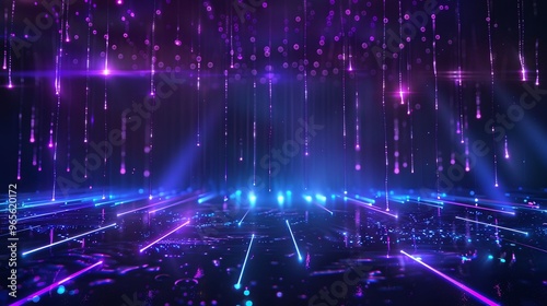 An abstract digital background featuring colorful beams of light and shimmering particles, perfect for creative projects. Stage for product presentation.