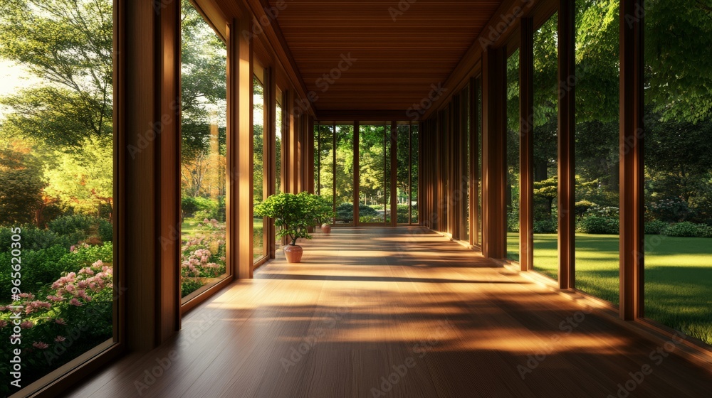 Sunlit wooden hallway with tall windows overlooking lush green garden, creating a serene and relaxing environment. Sunlit wooden hallway with tall windows overlooking lush green garden, creating a serene and relaxing environment.