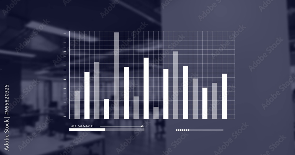 Image of financial data processing over empty office Image of financial data processing over empty office