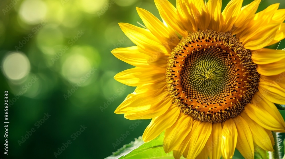 Obraz premium A close-up of a single sunflower with vibrant yellow petals against a blurred green background, capturing the details of the flower's center.