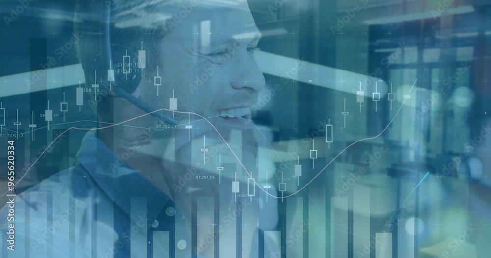 Obraz premium Image of financial data processing over caucasian businessman in office