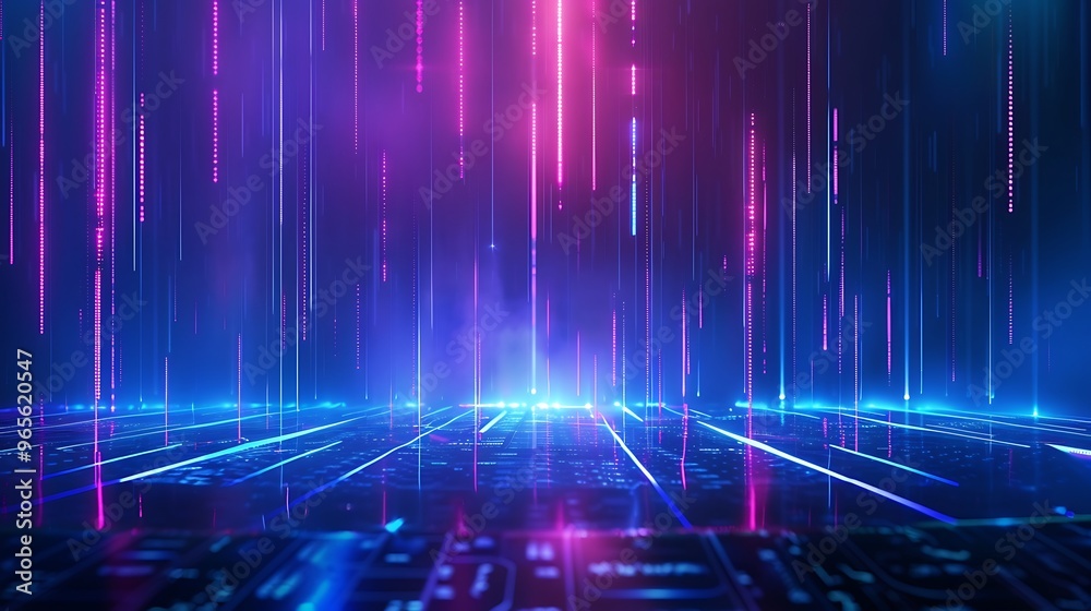Dynamic abstract background featuring vibrant blue and pink light beams in a futuristic digital landscape. Stage for product presentation. Dynamic abstract background featuring vibrant blue and pink light beams in a futuristic digital landscape. Stage for product presentation.