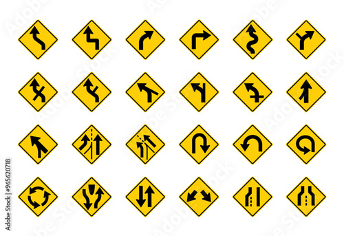 Turn and curve warning road signs set. Vector