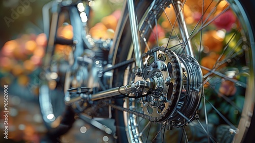 A close-up view of a gleaming bicycle gear amidst a vibrant floral backdrop in a sunlit garden. Generative AI