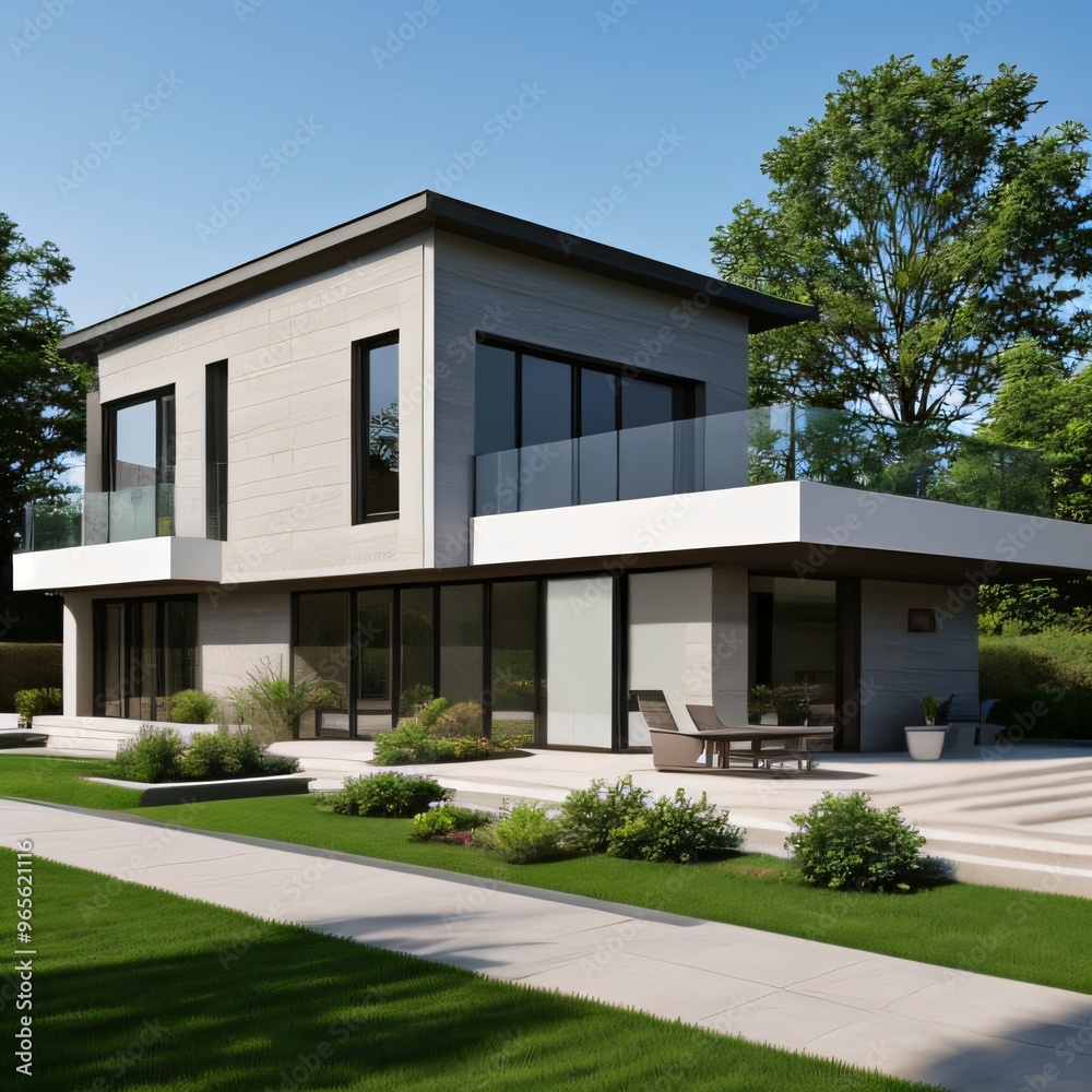 Fototapeta premium Modern luxury house with a well-manicured lawn..