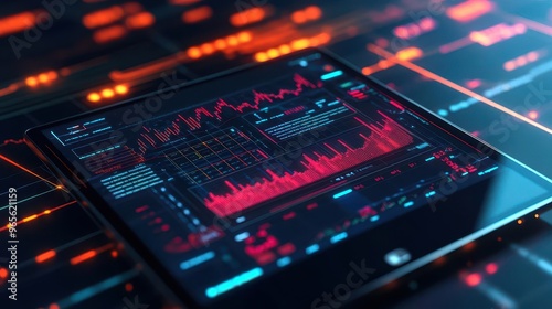 Close-up view of modern data analysis software on tablet showing vibrant red and blue graphs for digital insights.