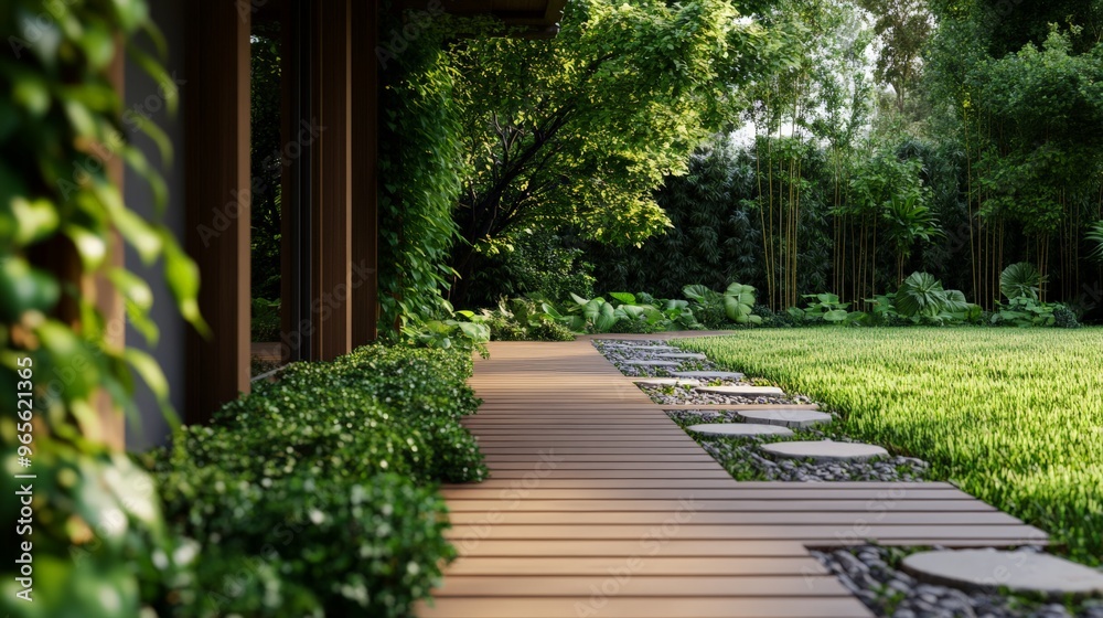 Tranquil garden pathway with lush greenery, wooden deck, and stone steps leading to a serene retreat. Perfect outdoor escape. Tranquil garden pathway with lush greenery, wooden deck, and stone steps leading to a serene retreat. Perfect outdoor escape.