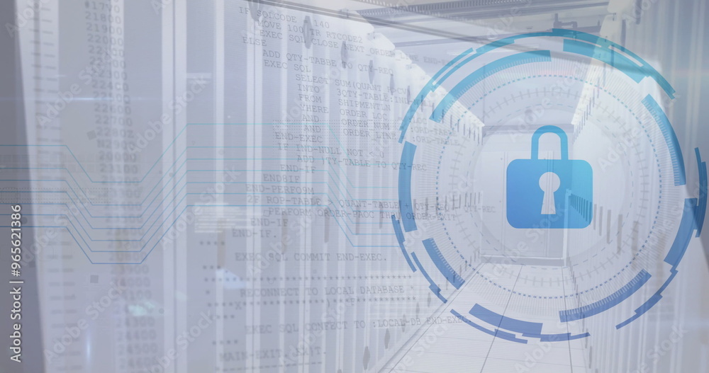 Obraz premium Image of padlock and digital data processing over computer servers