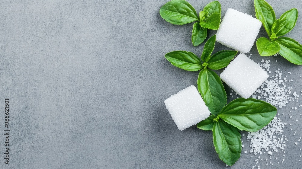 Fresh stevia leaves are artfully arranged next to white sugar cubes on a gray surface, creating an appealing contrast with plenty of space for additional text or messaging