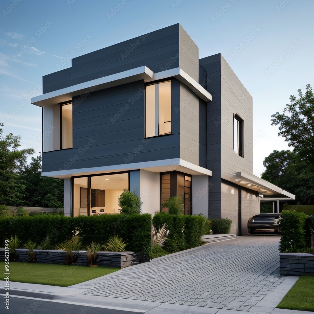 Fototapeta premium Modern luxury house with a well-manicured lawn..