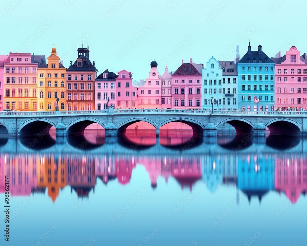 Obraz premium Classic stone city buildings, surrounded by rivers, bridges, soft pastel colors