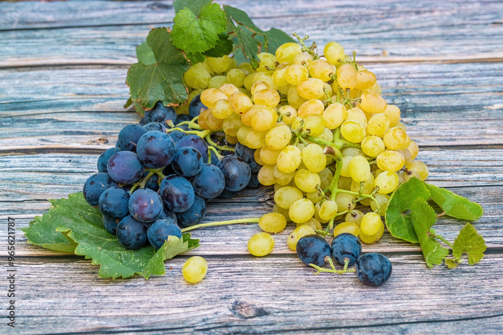 Izmir's famous kavacık grapes and seedless yellow grapes on a wooden table.