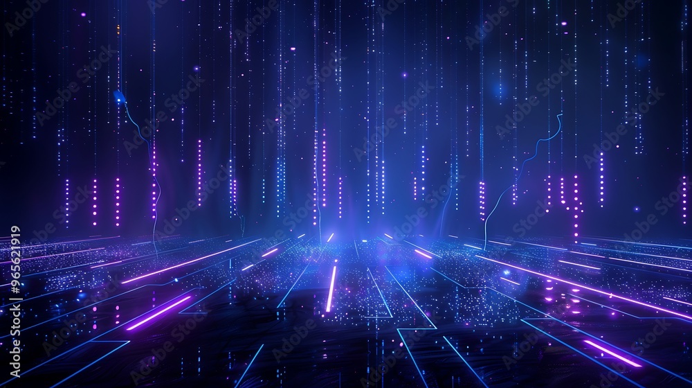 Futuristic digital landscape with glowing lines and vibrant lights, perfect for technology, science fiction, and abstract themes. Stage for product presentation. Futuristic digital landscape with glowing lines and vibrant lights, perfect for technology, science fiction, and abstract themes. Stage for product presentation.