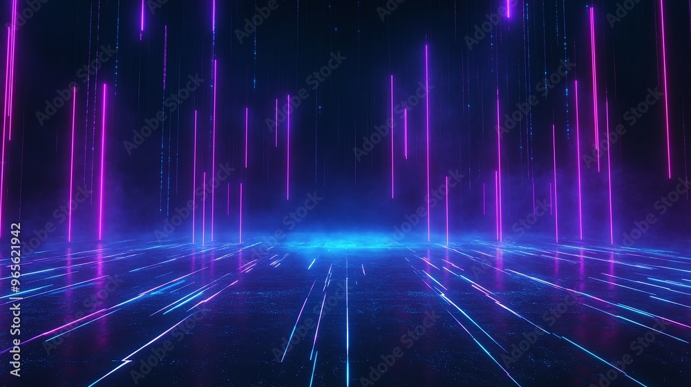 Futuristic digital landscape with glowing neon lines, creating a vibrant atmosphere for technology and innovation themes. Stage for product presentation. Futuristic digital landscape with glowing neon lines, creating a vibrant atmosphere for technology and innovation themes. Stage for product presentation.
