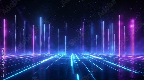 Futuristic digital landscape with glowing neon lines and vibrant colors, creating a dynamic and immersive atmosphere. Stage for product presentation.