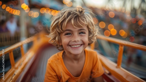 Fototapeta Naklejka Na Ścianę i Meble -  Joyful child enjoying a thrilling roller coaster ride at an amusement park during sunset, filled with lights and laughter. Generative AI