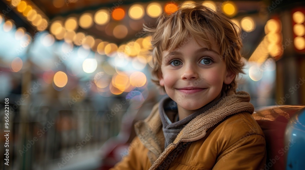 A joyful boy enjoys a carousel ride at a festive fairground during twilight, lights sparkling around him. Generative AI A joyful boy enjoys a carousel ride at a festive fairground during twilight, lights sparkling around him. Generative AI