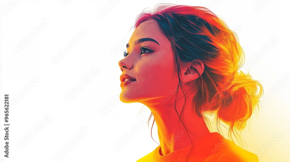 Vibrant Portrait Illustration of a Woman with Artistic Color Transitions and Intense Expression Vibrant Portrait Illustration of a Woman with Artistic Color Transitions and Intense Expression