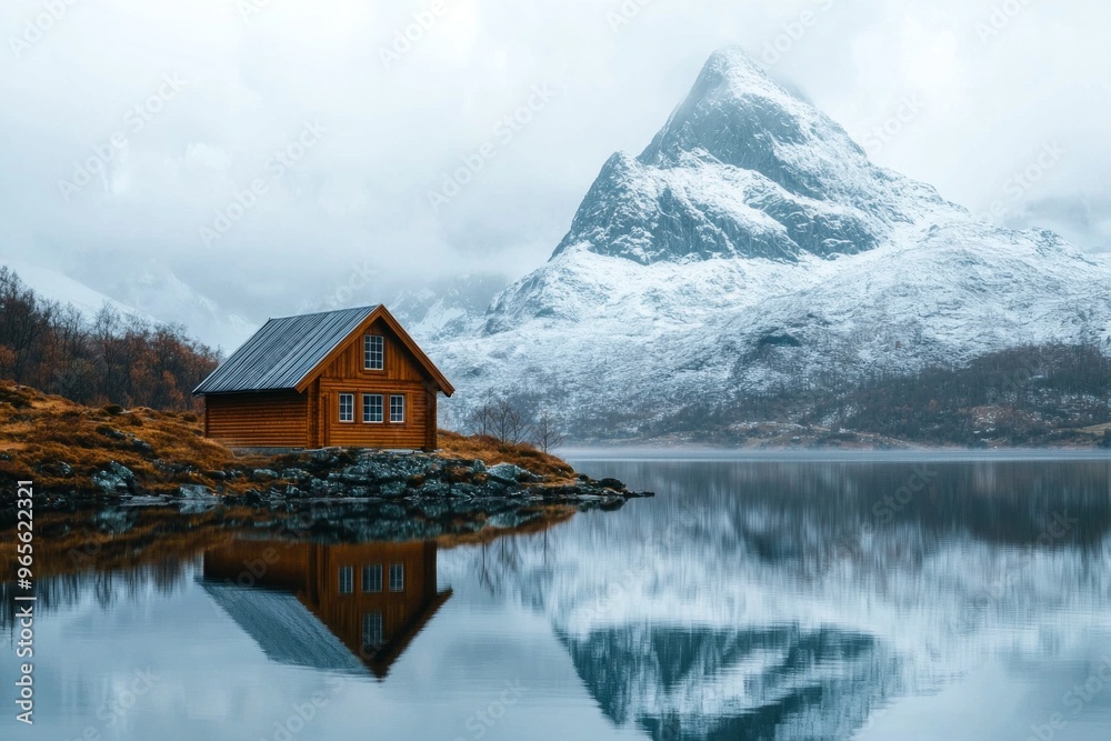 Fototapeta premium A small wooden cottage in front of a snow capped moutain at a beautiful lake with reflection 