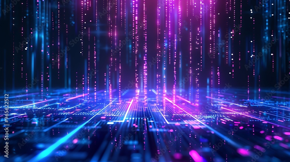 Futuristic digital landscape with vibrant colors, glowing lines, and cascading data streams creating a mesmerizing tech background. Stage for product presentation. Futuristic digital landscape with vibrant colors, glowing lines, and cascading data streams creating a mesmerizing tech background. Stage for product presentation.