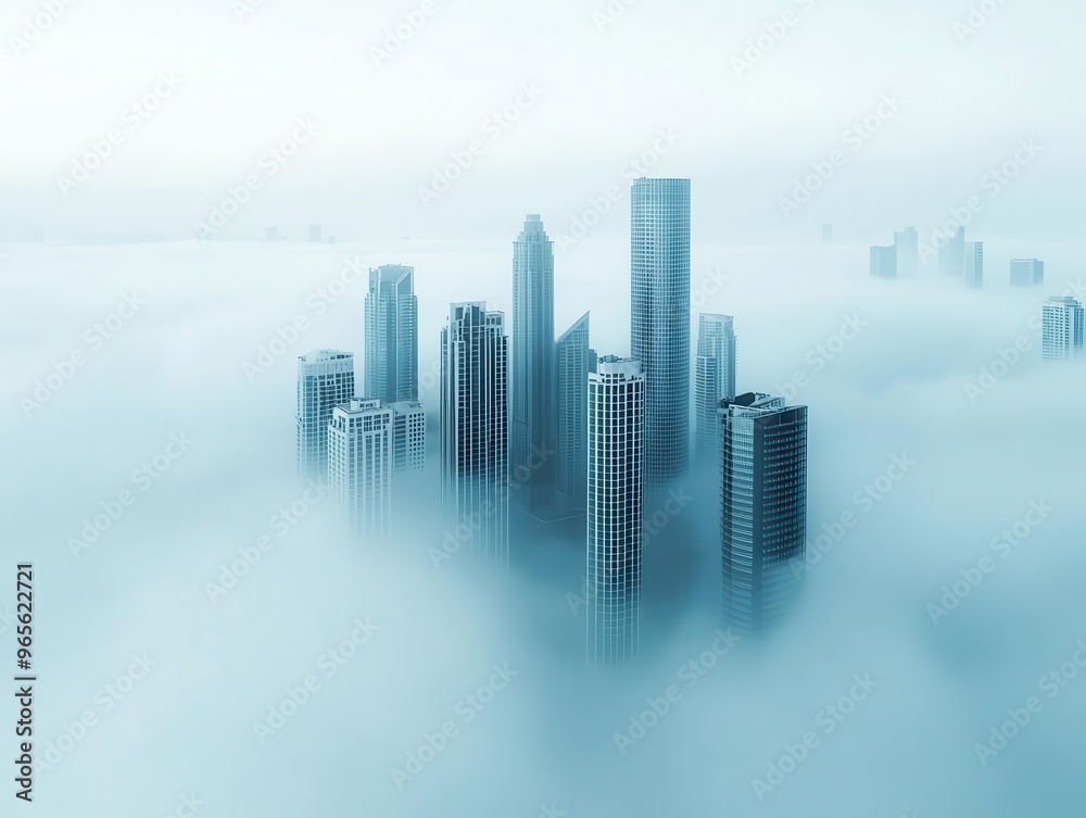 City covered in a heavy fog, only outlines of tall buildings visible, moody atmosphere City covered in a heavy fog, only outlines of tall buildings visible, moody atmosphere