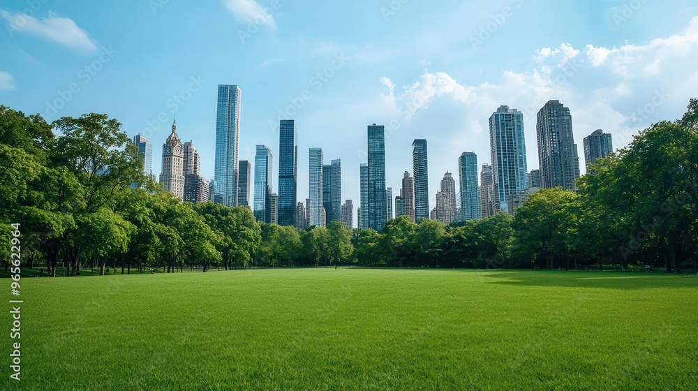Obraz premium Urban park with skyscrapers in the background, lush greenery, sunny day, realism