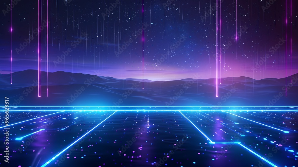 Futuristic landscape with glowing lines and vibrant colors, showcasing a digital realm illuminated by falling stars. Stage for product presentation. Futuristic landscape with glowing lines and vibrant colors, showcasing a digital realm illuminated by falling stars. Stage for product presentation.