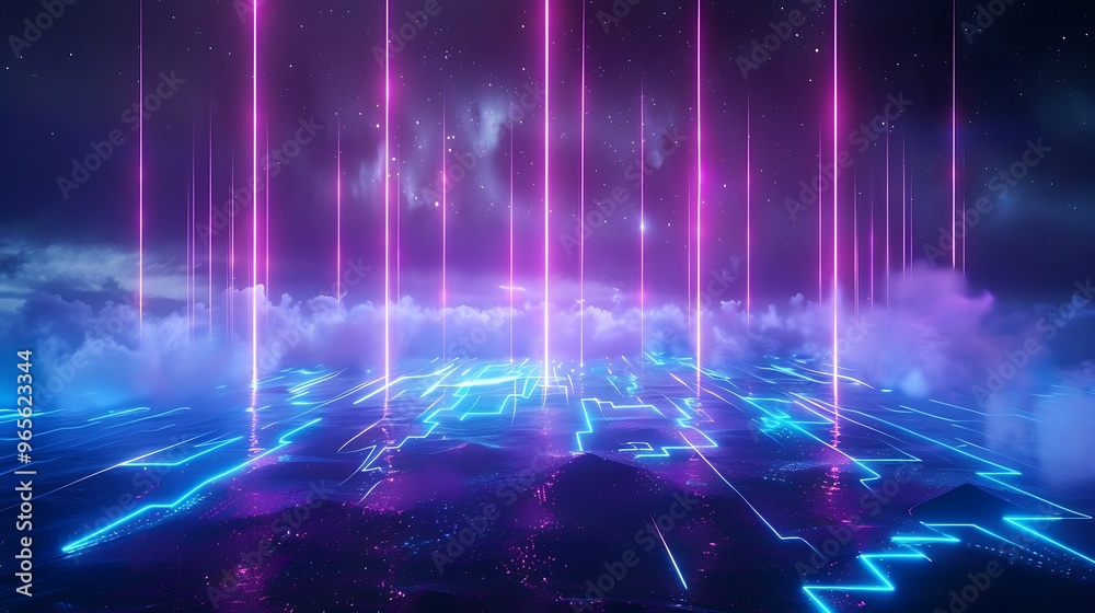 Futuristic landscape with vibrant neon lights and digital patterns illuminating the clouded horizon in a surreal atmosphere. Stage for product presentation. Futuristic landscape with vibrant neon lights and digital patterns illuminating the clouded horizon in a surreal atmosphere. Stage for product presentation.