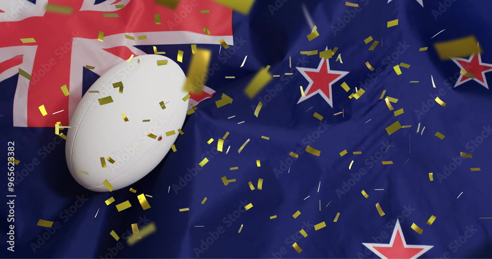 Image of confetti over white rugby ball and flag of new zealand Image of confetti over white rugby ball and flag of new zealand