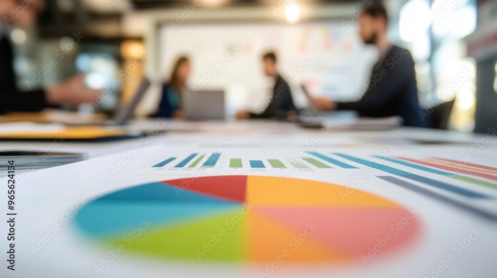 A colorful pie chart and bar graph on a whiteboard in a conference room, with blurred figures of professionals discussing the data. A colorful pie chart and bar graph on a whiteboard in a conference room, with blurred figures of professionals discussing the data.