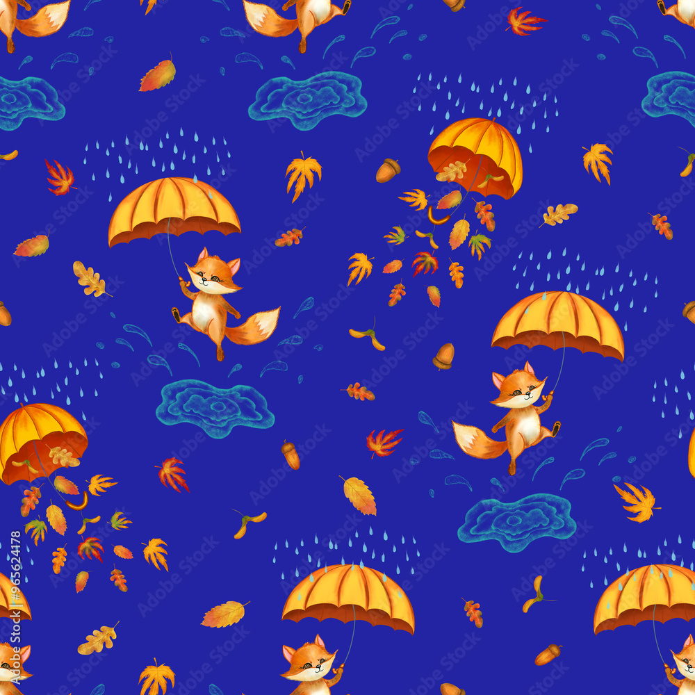 Cute fox with umbrella jumping in puddles and autumn leaves watercolor seamless pattern. Hand drawn endless background for wallpaper or fabric on fall kids theme. Cute fox with umbrella jumping in puddles and autumn leaves watercolor seamless pattern. Hand drawn endless background for wallpaper or fabric on fall kids theme.