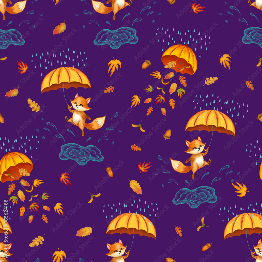 Cute fox with umbrella jumping in puddles and autumn leaves watercolor seamless pattern. Hand drawn endless background for wallpaper or fabric on fall kids theme. Cute fox with umbrella jumping in puddles and autumn leaves watercolor seamless pattern. Hand drawn endless background for wallpaper or fabric on fall kids theme.