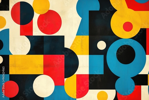 Bold 60s Mod Geometric Pattern with Vibrant Circles, Squares, and Triangles in Retro Colors