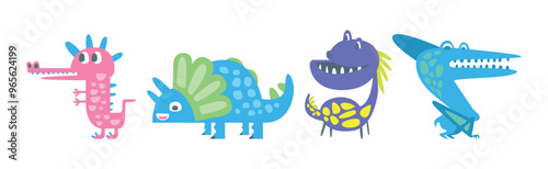 Cute Dinosaur Beast and Animal in Doodle Style Vector Set