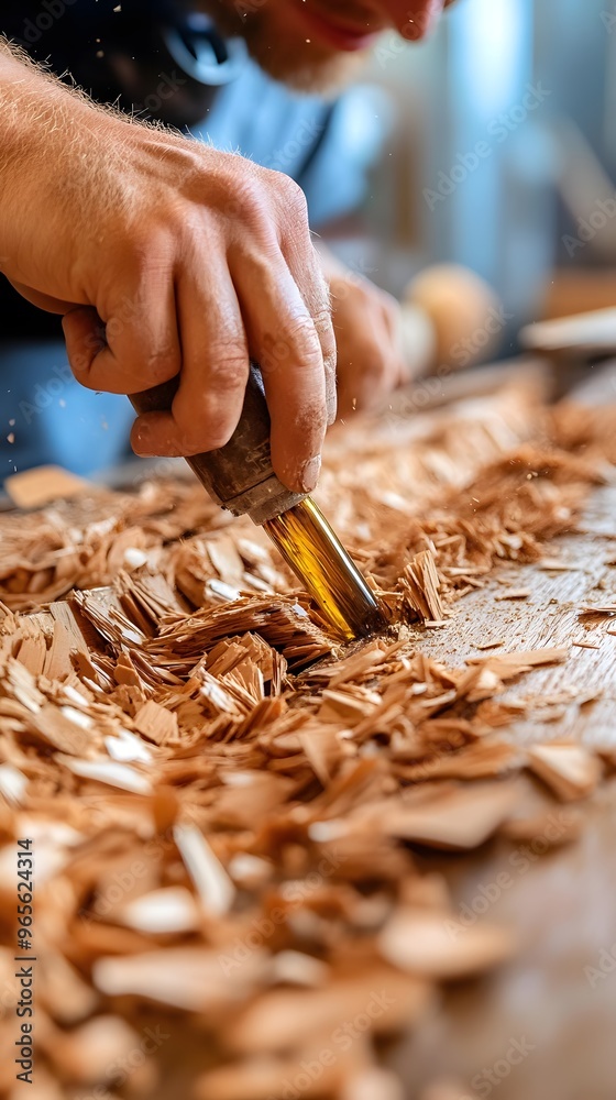 Close-up of woodworker's hand carving wood. Close-up of woodworker's hand carving wood.