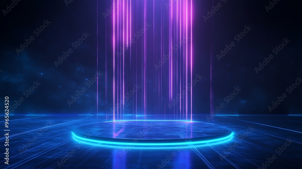 Futuristic neon light beams illuminate a dark space, creating a vibrant atmosphere for technology and digital art. Stage for product presentation. Futuristic neon light beams illuminate a dark space, creating a vibrant atmosphere for technology and digital art. Stage for product presentation.
