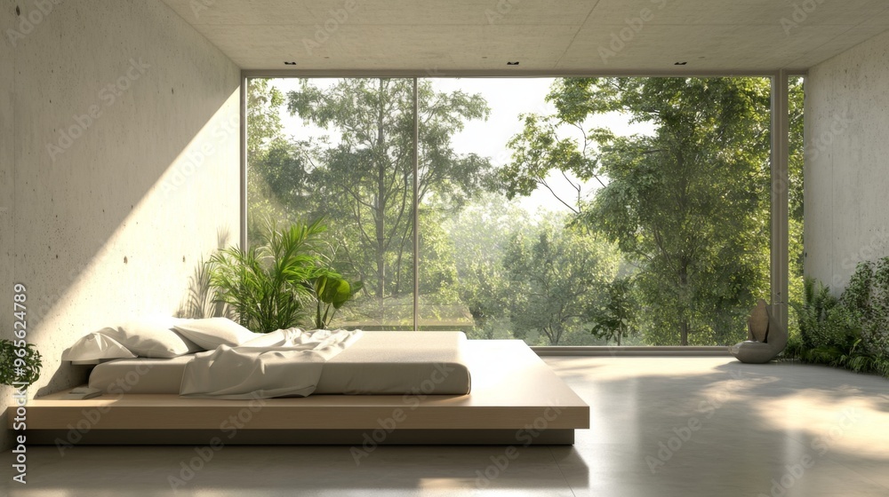 A contemporary bedroom with a platform bed and minimalist design, showcasing a simple yet elegant style with natural light streaming through large windows A contemporary bedroom with a platform bed and minimalist design, showcasing a simple yet elegant style with natural light streaming through large windows