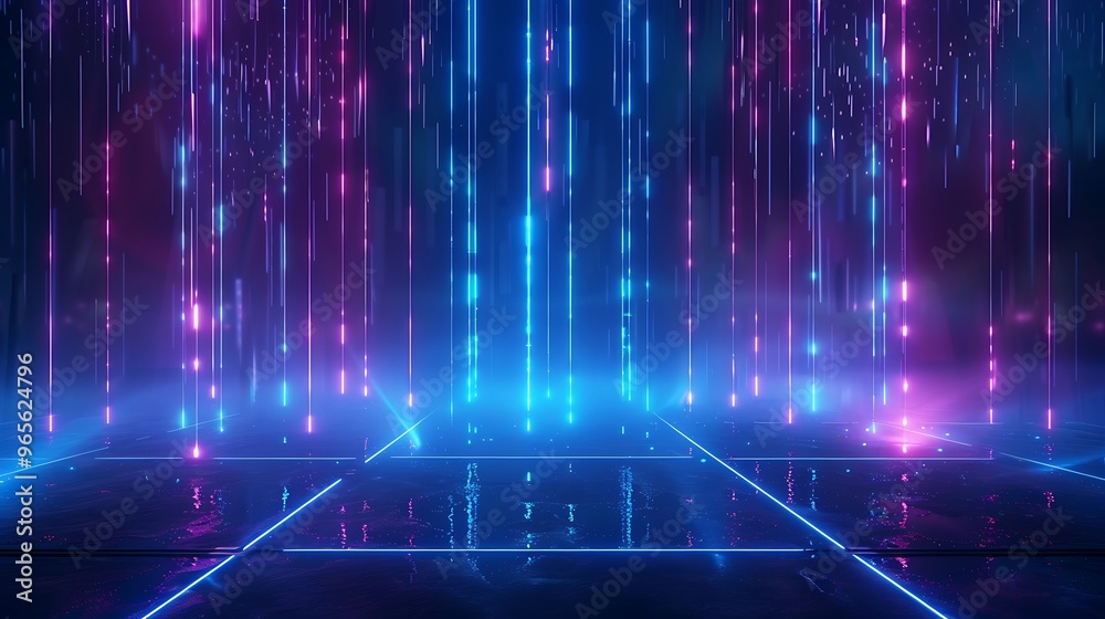 Futuristic neon lights cascading in vibrant colors, creating a surreal digital landscape perfect for technology and sci-fi themes. Stage for product presentation.