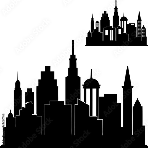 Modern urban European city skyline vector illustration. Night town panorama with city buildings silhouette and icon.