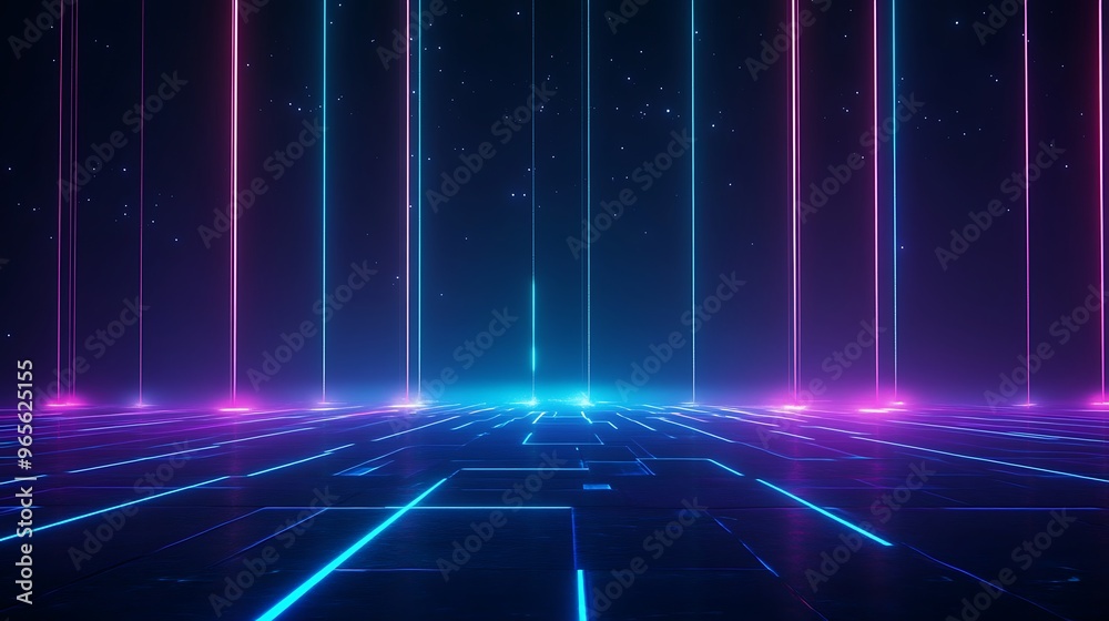 Futuristic neon lights create a vibrant digital landscape with glowing lines and a cosmic background, perfect for technology themes. Stage for product presentation. Futuristic neon lights create a vibrant digital landscape with glowing lines and a cosmic background, perfect for technology themes. Stage for product presentation.