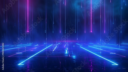 Futuristic neon lights illuminate a dark space, creating an immersive atmosphere perfect for technology and gaming visuals. Stage for product presentation.