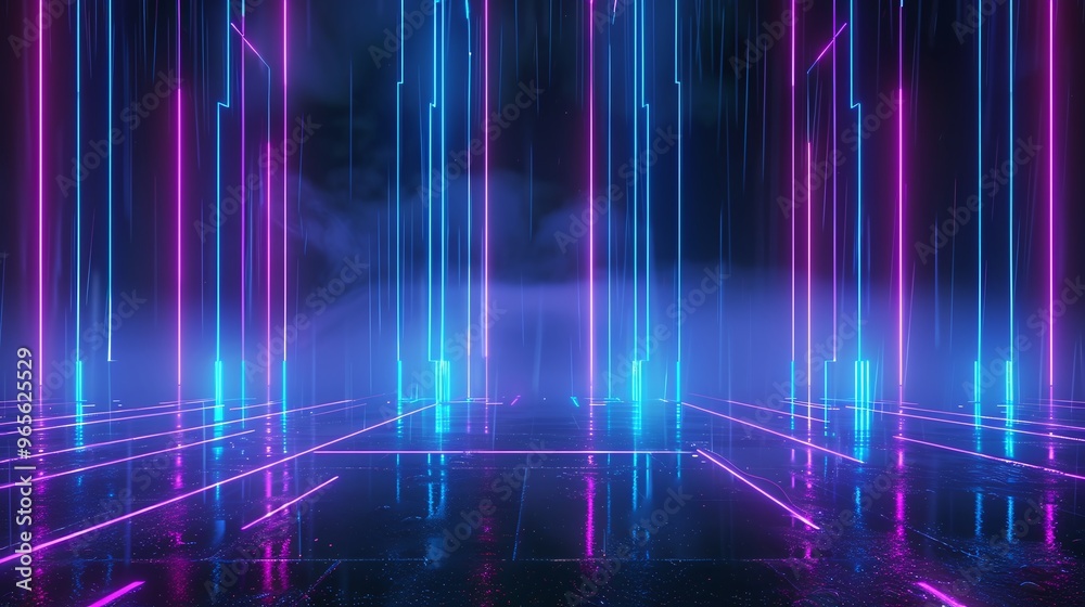 Futuristic neon lights illuminate a digital space, creating an immersive atmosphere of technology and innovation. Stage for product presentation.