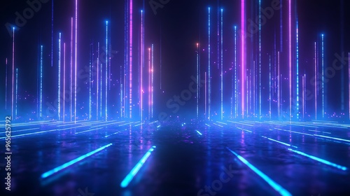 Futuristic scene with glowing neon lines and illuminated pillars, creating a vibrant and immersive atmosphere. Stage for product presentation.