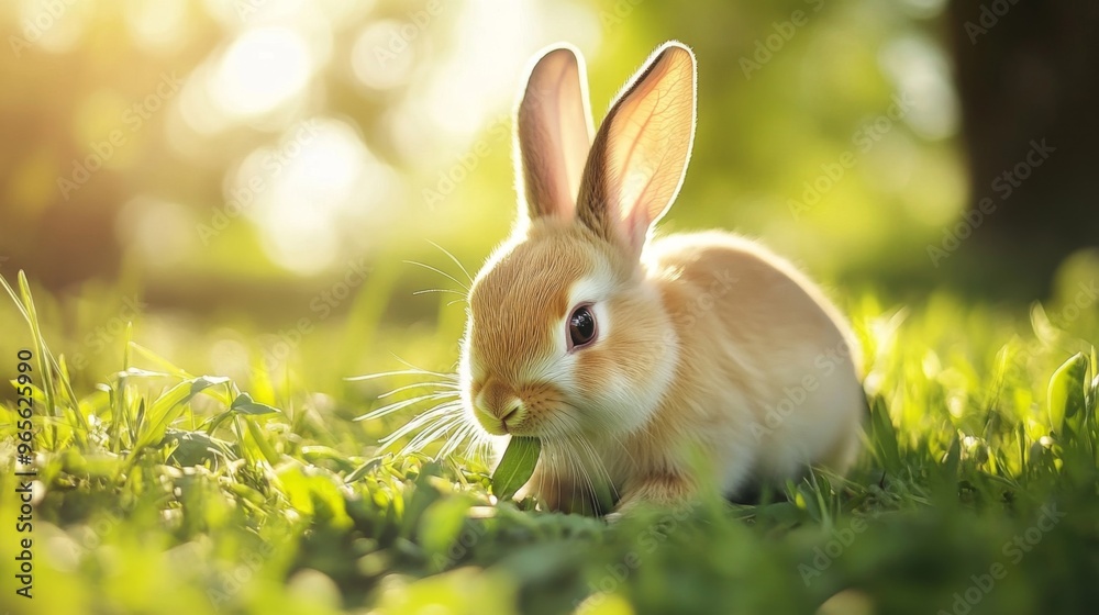 A cute, fluffy rabbit nibbling on fresh green grass in a sunny meadow, with soft sunlight highlighting its soft fur and the lush surroundings A cute, fluffy rabbit nibbling on fresh green grass in a sunny meadow, with soft sunlight highlighting its soft fur and the lush surroundings