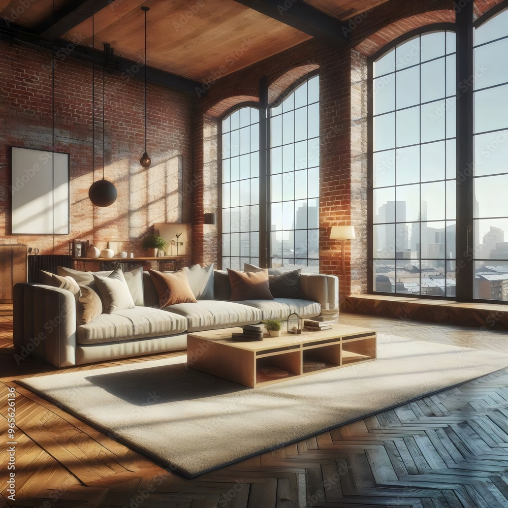 Hotel interior, living room in loft style with large panoramic windows and a light sofa. 3D rendering. Hotel interior, living room in loft style with large panoramic windows and a light sofa. 3D rendering.