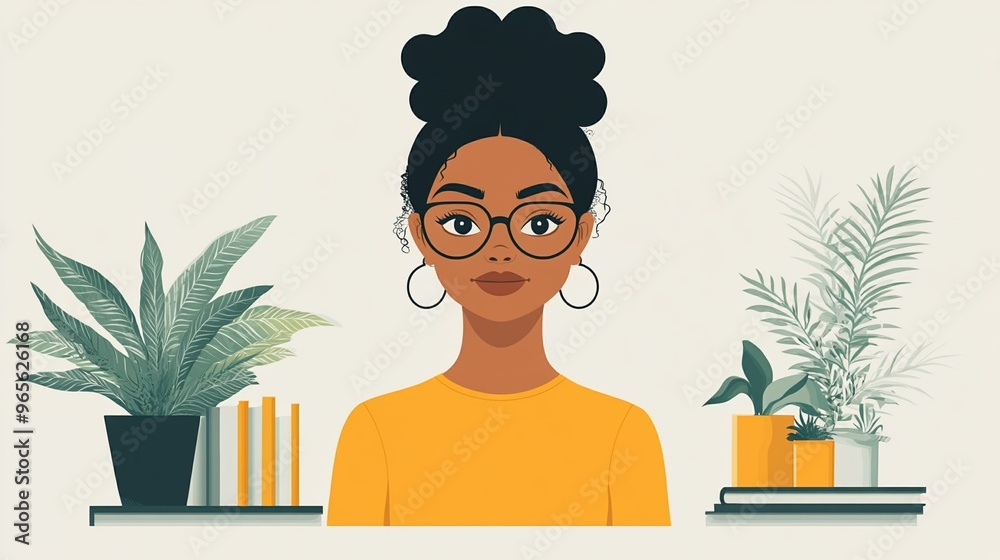 Portrait Illustration of a Woman in Yellow with Glasses and Curly Hair Surrounded by Plants Portrait Illustration of a Woman in Yellow with Glasses and Curly Hair Surrounded by Plants