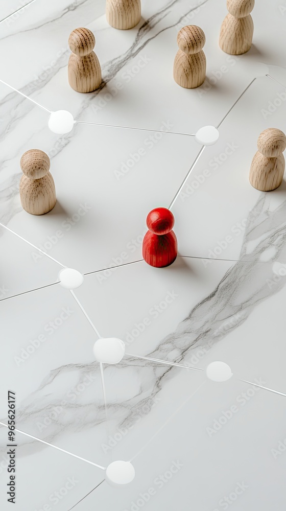 Obraz premium A red wooden figure stands at the core of a network, encircled by white figures against a blue background, illustrating the concept of leadership and collaboration